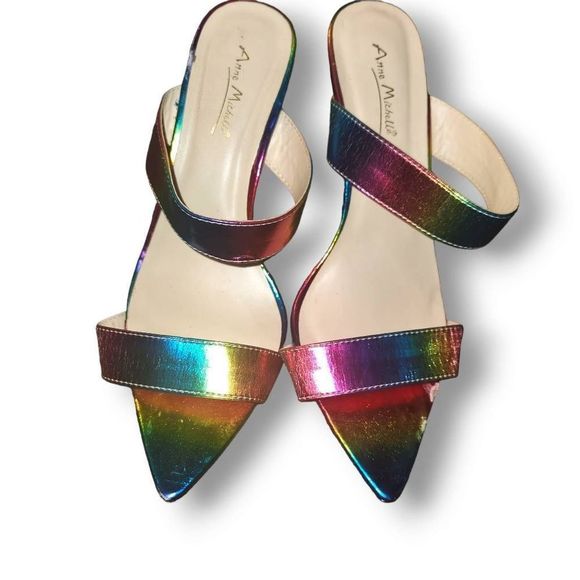 Anne Michelle Rainbow Metallic Open Pointy Toe Stiletto Heel Mules Size 10 - Picture 1 of 14